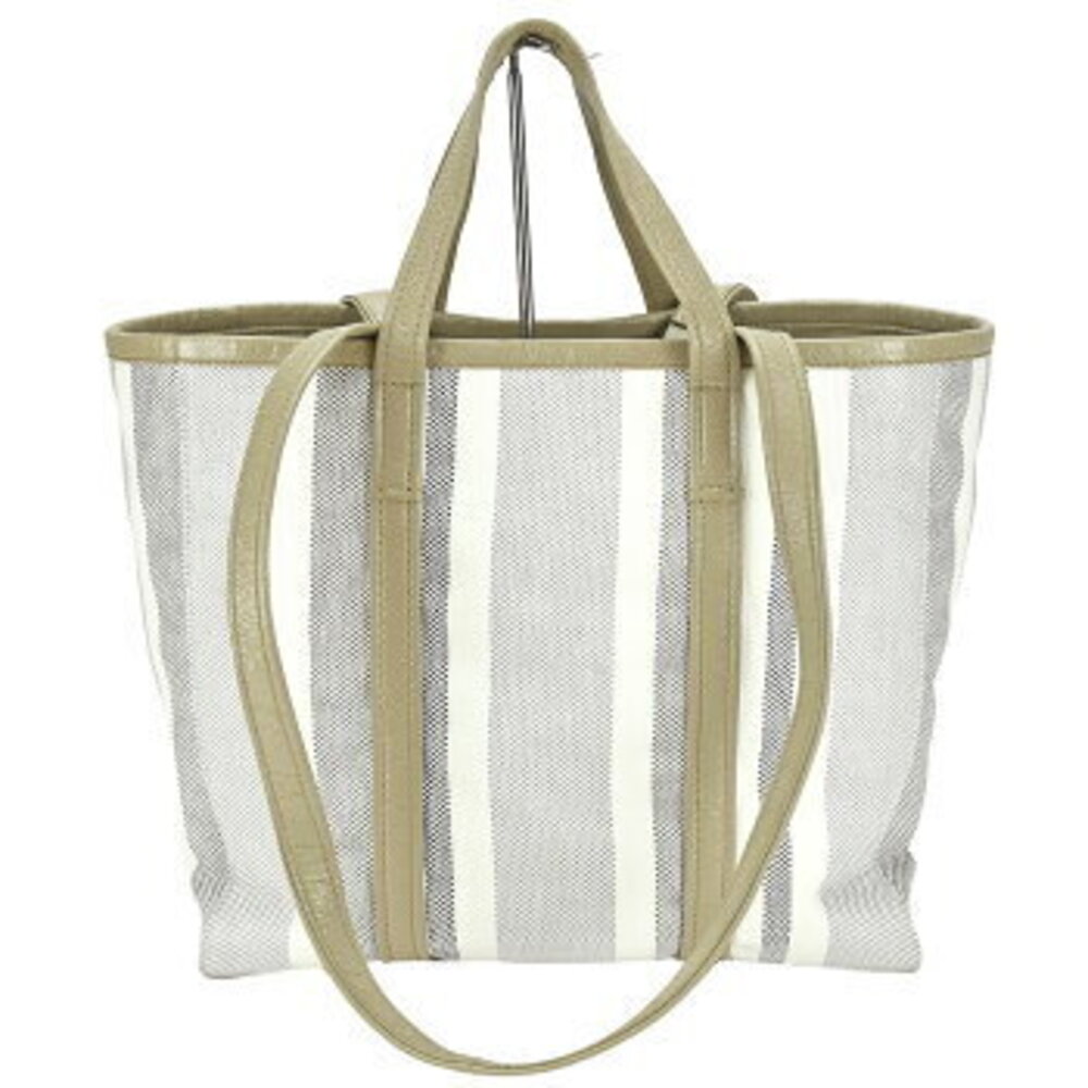 Balenciaga BARBES Tote Bag Leather Canvas Beige Tan Striped Shoulder - Picture 4 of 6